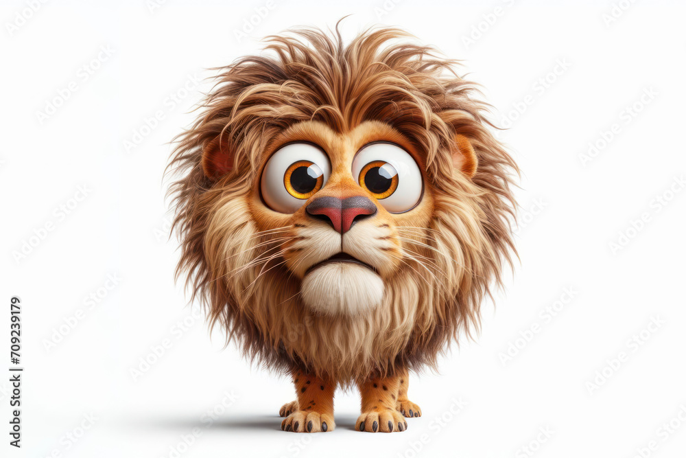 full body Funny Portrait of surprised Lion with bulging big eyes on solid white background. ai generative