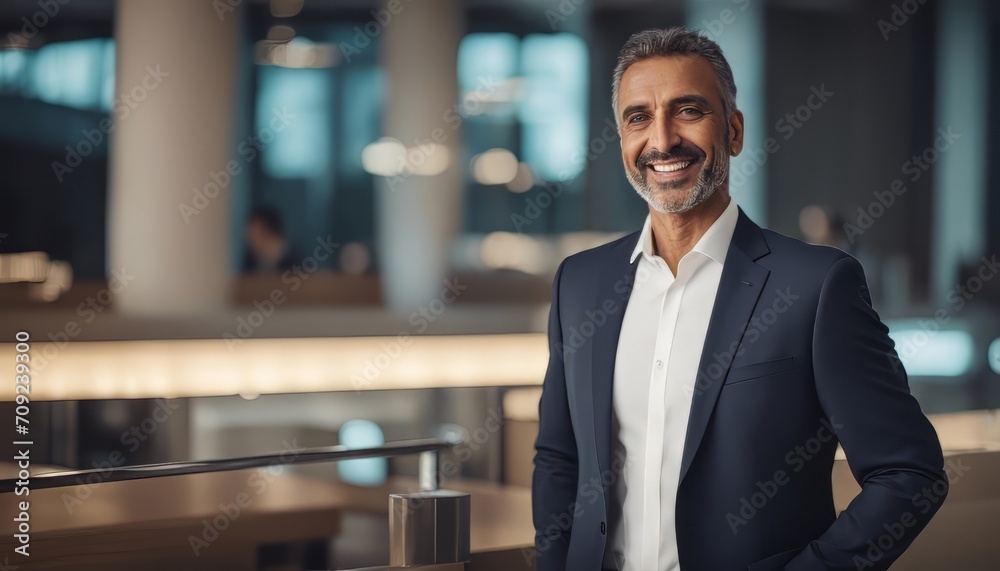 Fototapeta premium Happy middle aged muslim business man ceo entrepreneur, smiling mature professional executive manager
