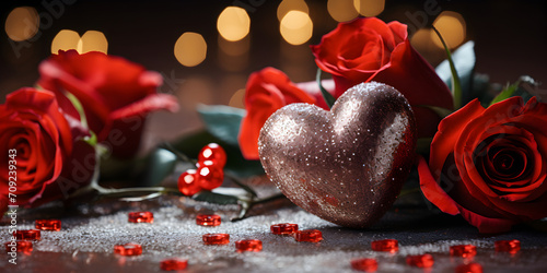 Festive valentines background with glistening heart decoration and red roses flowers. Valentine, mothers, womens day, wedding or birthday banner concept with copy space.