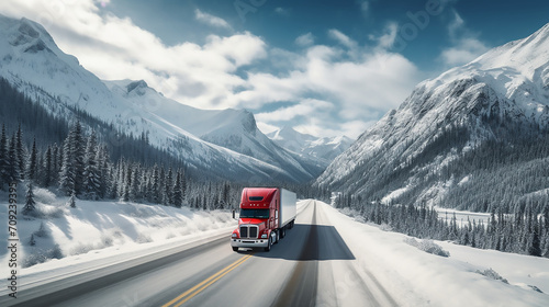 Big truck on the highway, mountains, US, Canada, Delivery truck © KJ Photo studio