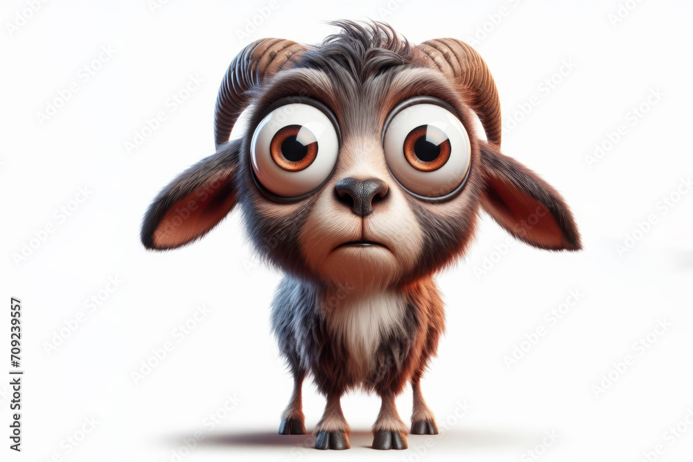 Fototapeta premium full body Funny Portrait of surprised Mouflon with bulging big eyes on solid white background. ai generative