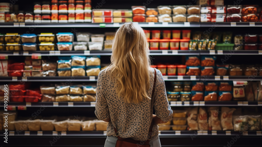 A woman comparing products in a grocery store, supermarket