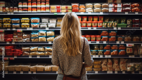 A woman comparing products in a grocery store, supermarket photo