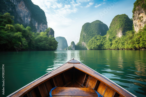 Traditional wooden boat bow on a serene river with towering limestone cliffs and lush greenery in a tropical landscape.