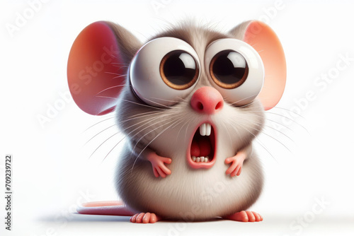 full body Funny Portrait of surprised mouse with bulging big eyes on solid white background. ai generative