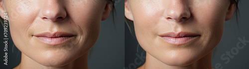 A woman with wrinkles and no wrinkles around her mouth. Photos before and after. photo