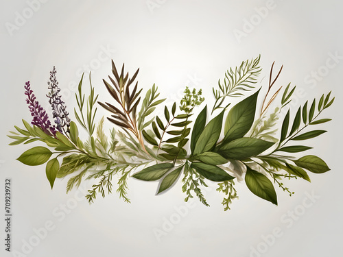 Chic Botanical Elegance Horizontal Herbal Banners for Wedding Invitations, Business Products, and Web Designs – A White Canvas Adorned with Leaves and Herbs