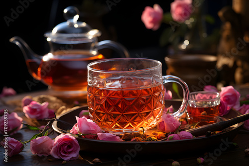 Cup of aromatic tea with fresh roses flowers on the table. Organic and natural, herbal hot healthy beverage.