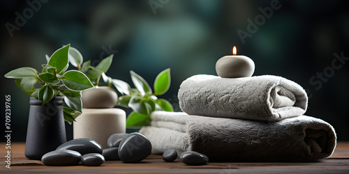 Spa setting accessories with gray towels, zen smooth river stones, aroma candles and green plants banner on dark background. Wellness composition concept on wooden table.