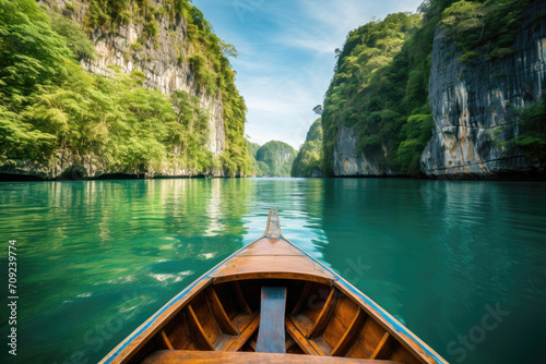 Tableau sur toile Serene kayak journey through a majestic green canyon with crystal-clear waters
