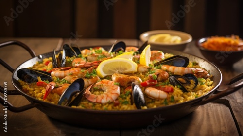 Typical spanish seafood paella in traditional pan. Neural network AI generated art