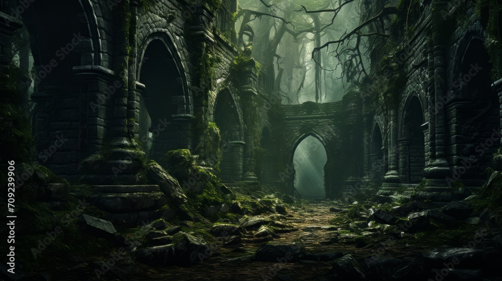 ruins of an ancient temple in the forest. - obrazy, fototapety, plakaty 