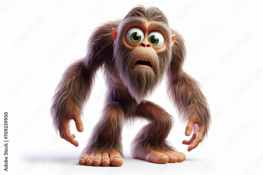 full body Funny Portrait of surprised Sasquatch with bulging big eyes on solid white background. ai generative