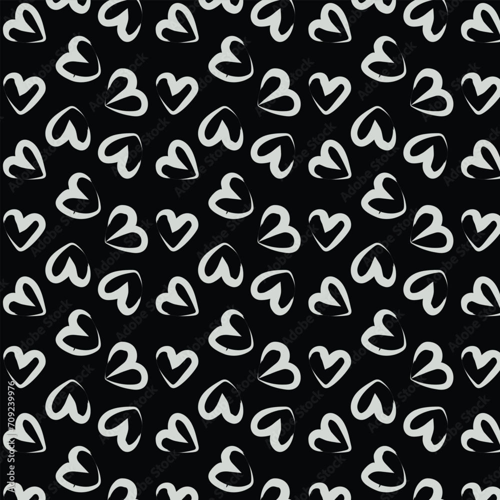 Seamless background pattern with hand drawn textured hearts. Black and white.