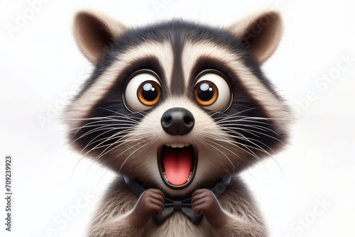 full body Funny Portrait of surprised racoon with bulging big eyes on solid white background. ai generative photo