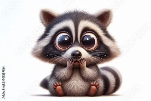 full body Funny Portrait of surprised racoon with bulging big eyes on solid white background. ai generative photo