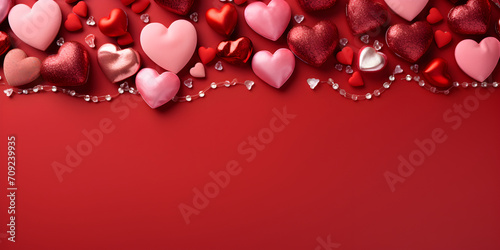 Red hearts decoration on dark red background. Valentines, mothers, womens day, wedding or birthday flat lay banner concept. Top view with copy space.