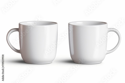 A side view of two empty white coffee cups, mugs, for hot drink isolated against white background