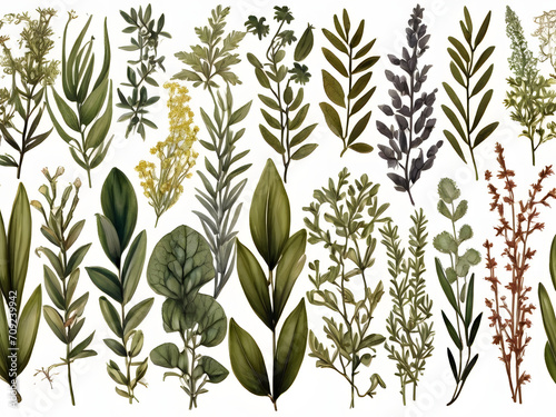 Chic Botanical Elegance Horizontal Herbal Banners for Wedding Invitations, Business Products, and Web Designs – A White Canvas Adorned with Leaves and Herbs