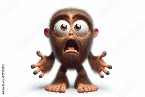 full body Funny Portrait of surprised Sasquatch with bulging big eyes on solid white background. ai generative