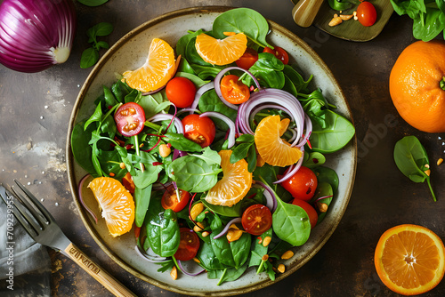 Close up of fresh salad with red onion, cherry tomatoes, spinach, orange, tangerine and clementine, dressing or olives oil on dark concrete background.