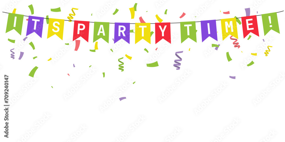 Its Party Time banner. Colorfull bunting flags with confetti and ribbons. Greeting card . Editable vector Illustration. Its Party Time banner. Colorfull bunting flags with confetti and ribbons. Greeting card . Editable vector Illustration.
