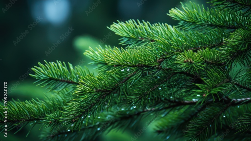 Beautiful fir or Christmas tree branches, selective focus, coniferous forest outdoor background with copy space.