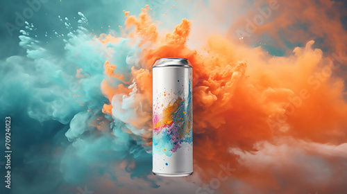 Aerosol can with cloud of coloured powders stock photo, commercial background, template, mock up
