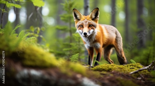 Beautiful red fox in the forest, outdoor wild nature background with copy space. © Sunny_nsk