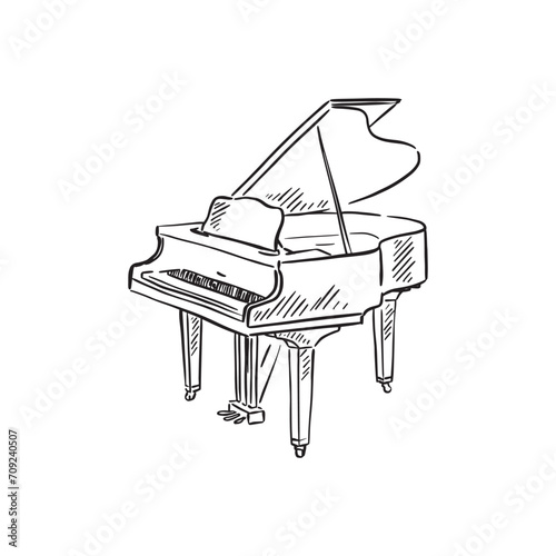 A line drawn illustration of a grand piano in black and white. Vectorised digitally for a variety of uses. Drawn by hand in a sketchy style.