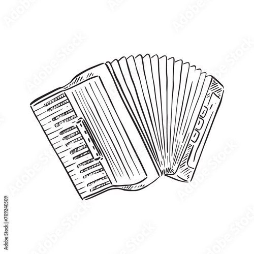 A line drawn illustration of a accordion in black and white. Vectorised digitally for a variety of uses. Drawn by hand in a sketchy style.