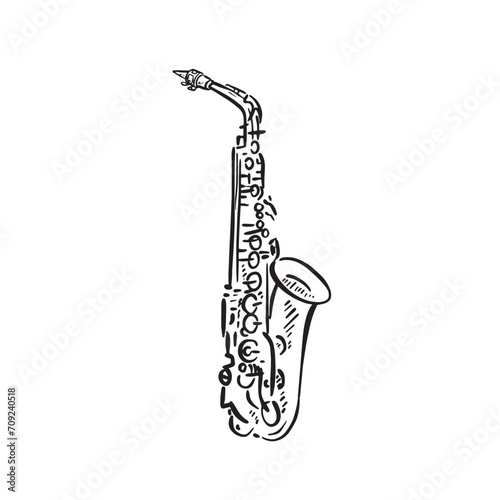 A line drawn illustration of a saxophone in black and white. Vectorised digitally for a variety of uses. Drawn by hand in a sketchy style.