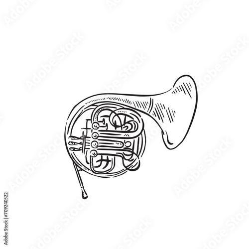 A line drawn illustration of a tuba in black and white. Vectorised digitally for a variety of uses. Drawn by hand in a sketchy style.