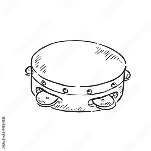 A line drawn illustration of a tambourine in black and white. Vectorised digitally for a variety of uses. Drawn by hand in a sketchy style.