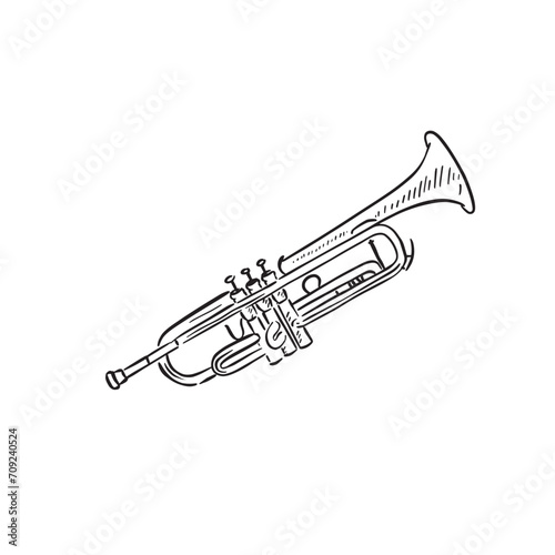 A line drawn illustration of a trumpet in black and white. Vectorised digitally for a variety of uses. Drawn by hand in a sketchy style.
