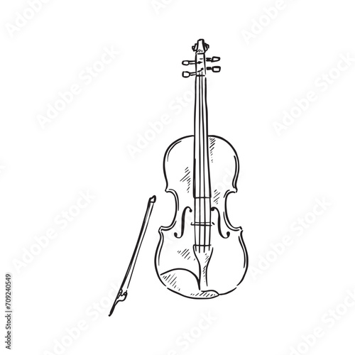 A line drawn illustration of a violin in black and white. Vectorised digitally for a variety of uses. Drawn by hand in a sketchy style.