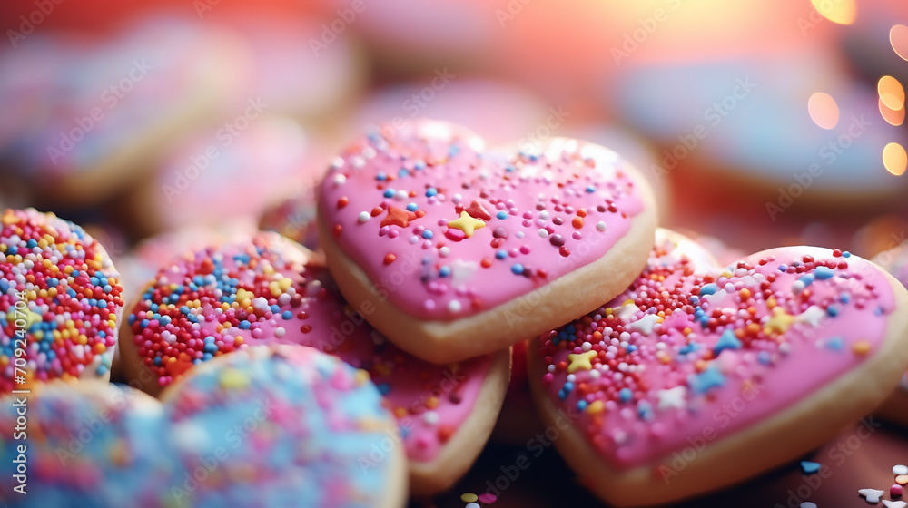 Heart Shaped Cookies with Sprinkles, Happy Valentines day, sweets, love concept Heart Shaped Cookies with Sprinkles, Happy Valentines day, sweets, love concept