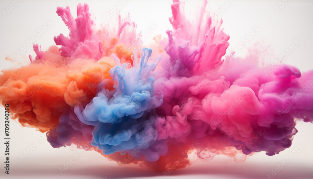 Fototapeta premium Generate fluffy, cloud like formations of colorful powder in the frame, giving the appearance of soft and billowy clouds against a pristine white background.