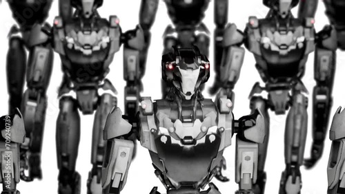 3d rendering of walking robotics army, industrial group of cyborg machines on white and green screen studio background.