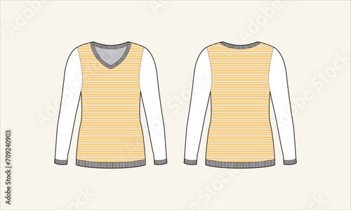 Two Color Stripe V-Neck Women Sweater Sketch for Tach Pack
