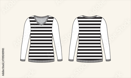Two Color Stripe V-Neck Women Sweater Sketch for Tach Pack