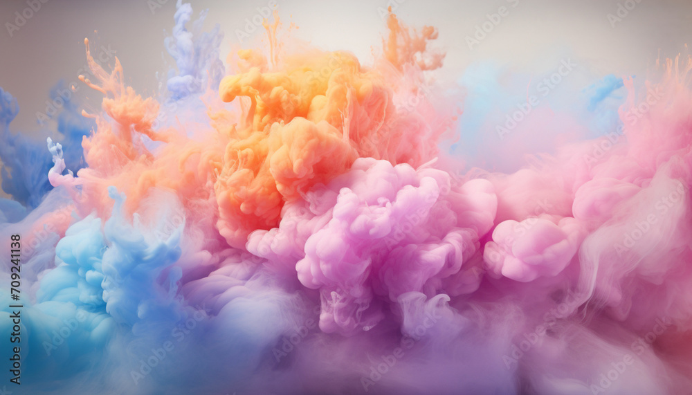 Fototapeta premium Generate fluffy, cloud like formations of colorful powder in the frame, giving the appearance of soft and billowy clouds against a pristine white background.