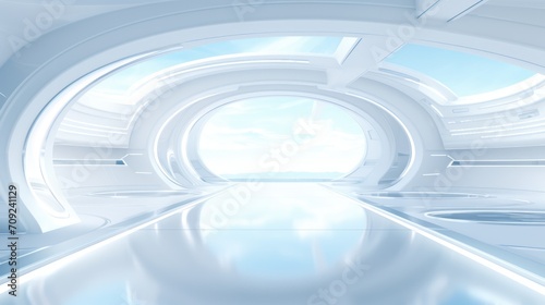 White futuristic tunnel leading to light. Wide angle. White futuristic background