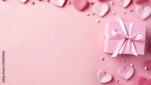Happy Valentines Day, Romantic background with pink gift box and pink bow, commercial, anniversary, engagement, couple, happiness