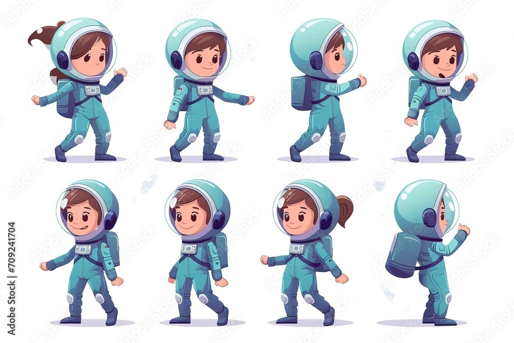 Set of Astronaut young women character, 8 different poses, in blue suit, cartoon style Set of Astronaut young women character, 8 different poses, in blue suit, cartoon style