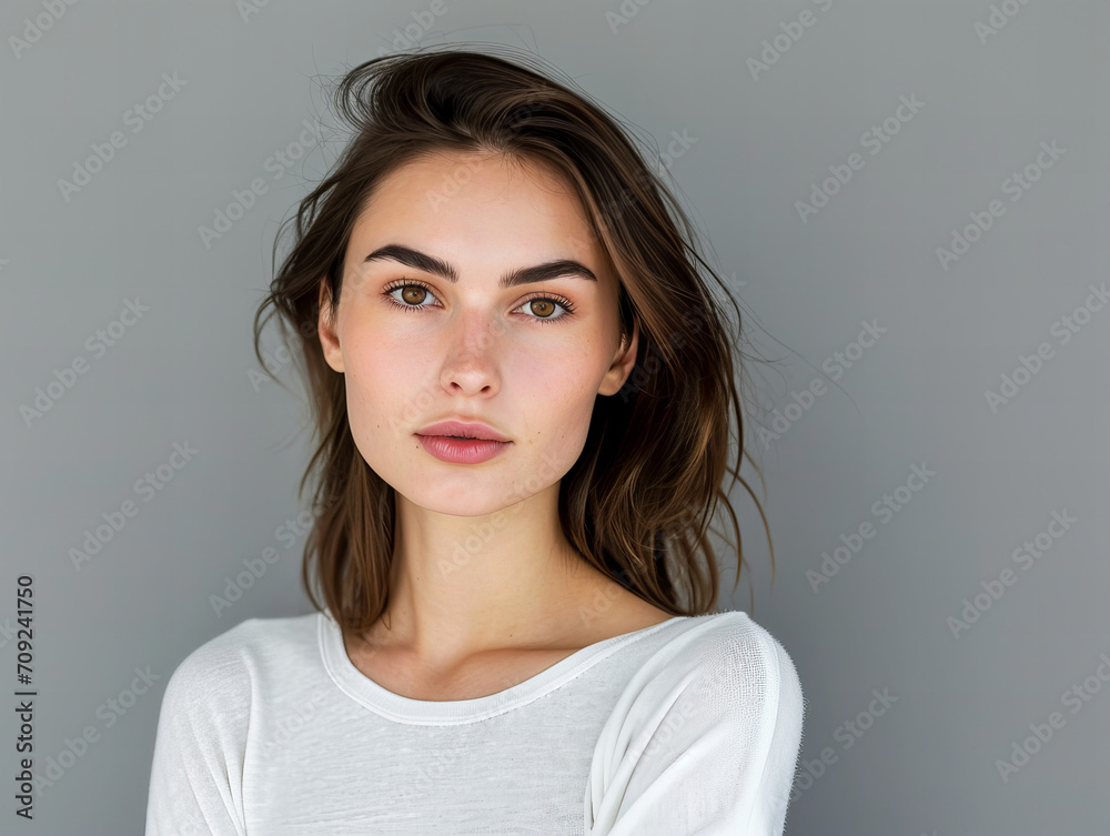 portrait of a sensual, brunette model isolated on grey background portrait of a sensual, brunette model isolated on grey background