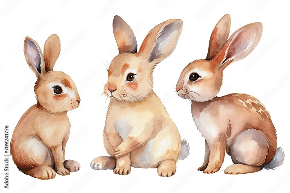 Set of cute bunny in different poses in watercolor style, white background