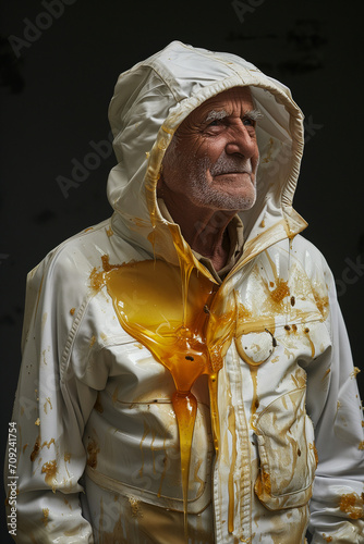 Portrait of an old beekeeper looking up