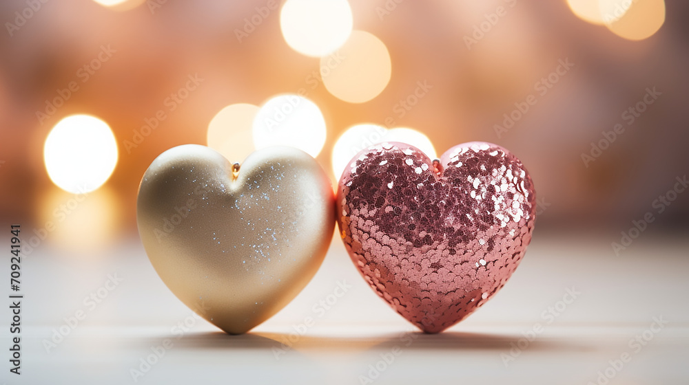 Fototapeta premium Two shiny hearths, Happy Valentines Day, Romantic background, commercial, anniversary, engagement, couple, happiness