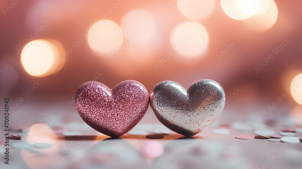 Fototapeta premium Two shiny hearths, Happy Valentines Day, Romantic background, commercial, anniversary, engagement, couple, happiness